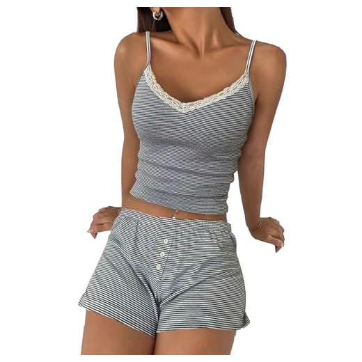 Verdusa Conjunto curto feminino de duas peças com acabamento em renda e short de botão, Cinza, P