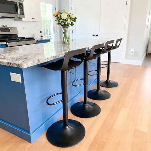 Butacos de bar ajustables en altura, giratorios 360° con respaldo y reposapiés, estilo moderno, para isla de cocina o bar en casa, color negro, juego de 4