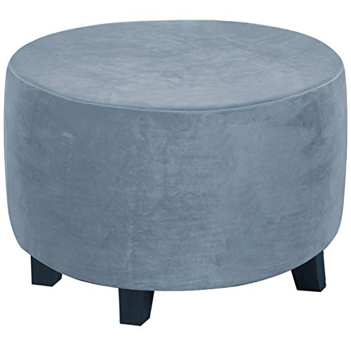 H.VERSAILTEX Round Ottoman Slipcover Ottoman Covers Slipcover Footstool Protector Covers Storage Stool Ottoman Covers Stretch with Elastic Bottom, Real Velvet Plush Fabric (X-Large, Stone Blue)