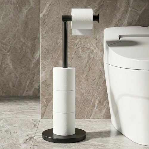 Cesun Toilet Paper Holder Stand Free Standing, Black Toilet Paper Storage with Heavy Weighted Base, Bathroom Stainless Steel Toilet Paper Roll Holder, Non-Slip, Matte Black