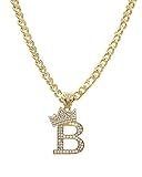 Fashion 21 Stone Filled King Crown Tilted Initial Pendant 18 inches Cuban Chain Necklace (B - Gold)