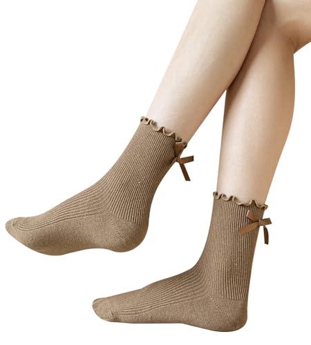 Image of Womens Bow Socks Ruffle Casual Crew Black Whitte Soft Breathable Cotton 4 Pairs Socks