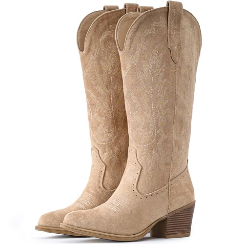 IUV Cowboystiefel aus Wildleder für Damen, klobiger Absatz, spitzer Zehenbereich, Cowgirl-Stiefel, wadenhoch, Western-Stickerei, aprikose, 38 EU