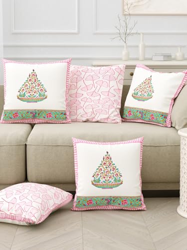Image of BLOCKS OF INDIA Hand Block Printed Cotton,300 TC Cushion Cover (16 X 16 Inches) (Cushion 7), Pink