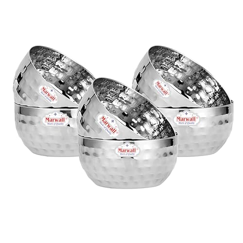 Image of Stainless Steel Serving Bowls Set with Hammered Finish, Traditional Katori for Curry, Dal, Soup, Dessert, 6 Pieces (150ml, Hammered Finish)