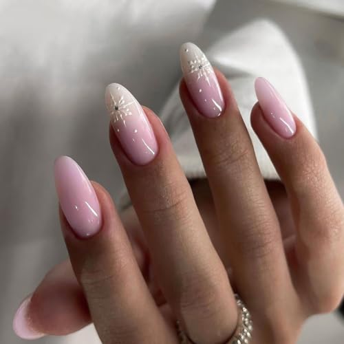 Kaiperala 24pcs Christmas False Nails Short Almond Press on nails Snowflake Stick on Nail Pink White Ombre Glue on Fake Nail Art Accessories for Women Girls