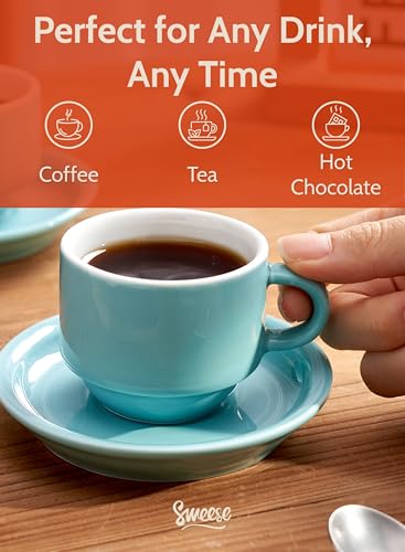 Image of Sweese 4 Ounce Porcelain Stackable Espresso Cups with Saucers and Metal Stand Set of 4, Turquoise