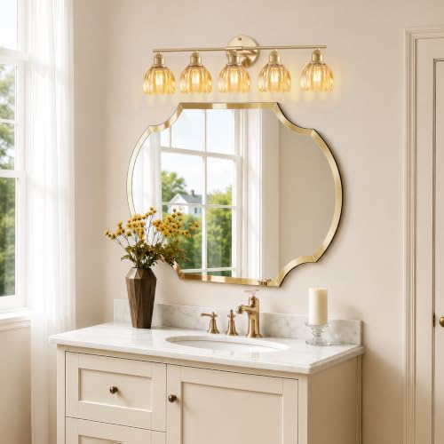 Image of Bathroom Light Fixtures, 5-Light Brushed Gold Vanity Lights for Bathroom with Amber Tulip Glass Shade, 30 inch Vintage Bathroom Vanity Lighting Fixtures Over Mirror for Bedroom Living Room Hallway