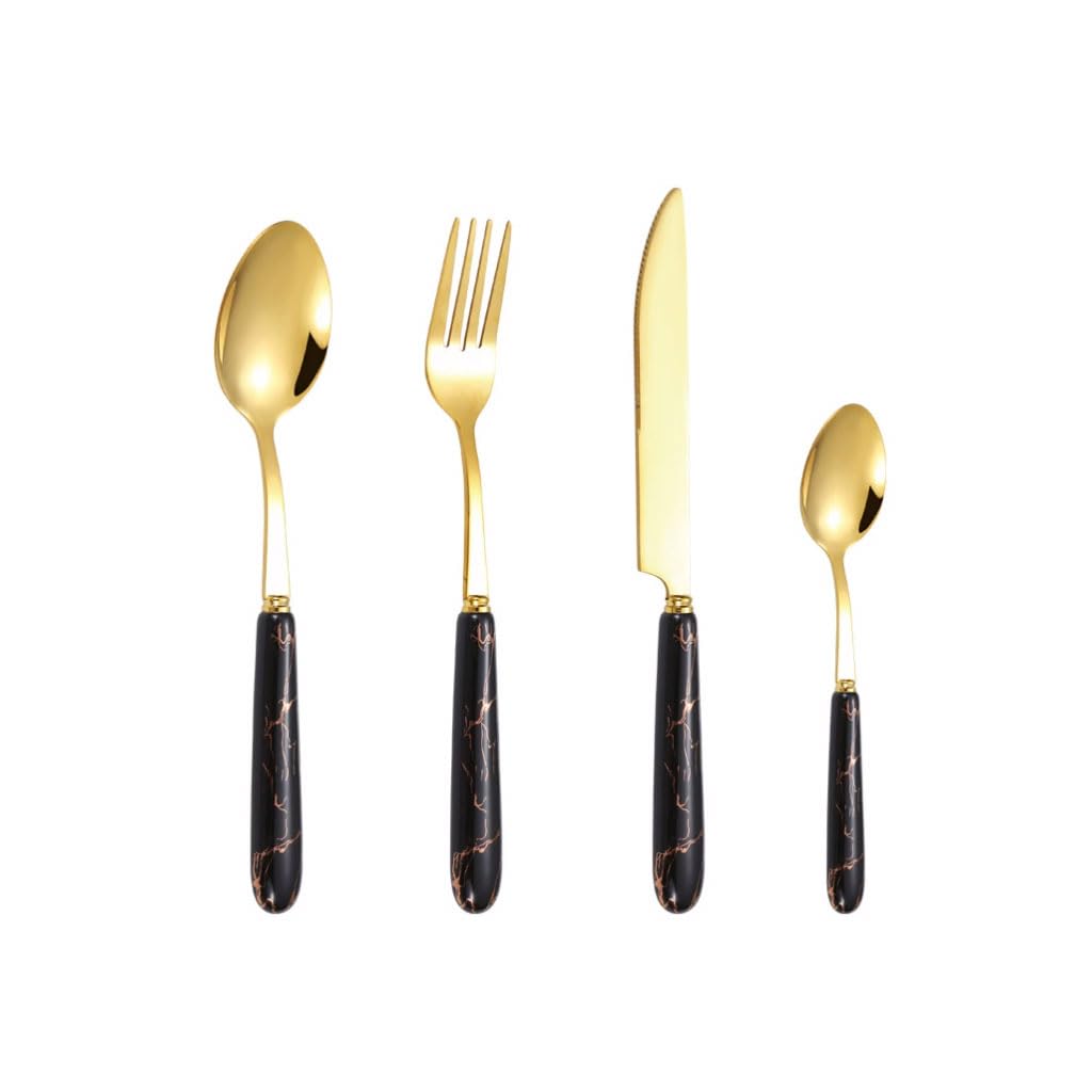 BLMAGS Beautiful 4pcs Ceramic Stainless Steel Cutlery Marble Pattern Handle Knife Fork Spoon Kitchen Gold Flatware Set Reusable Tableware Practical