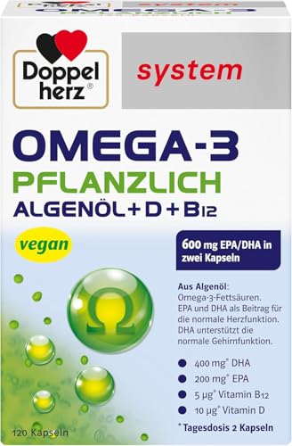 Doppelherz system OMEGA-3 PFLANZLICH – Algenöl – Vitamin D als Beitrag für die normale Funktion des Immunsystems – 120 Kapseln