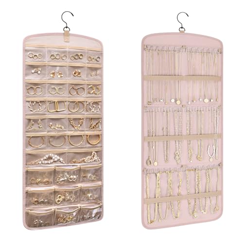 Idota Organizador de joyas colgante grande, de doble cara, con gancho de metal giratorio 360°, organizador de cadenas para puerta, armario/pared (rosa)