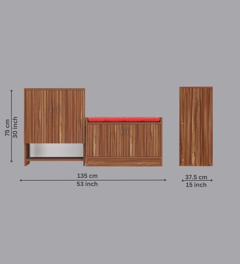 Image of SPECIALITY PANELS Wooden Shoe Rack with Cushioned Seating Bench, Walnut Finish, 2-Piece Set with Storage Cabinets, DIY Assembly