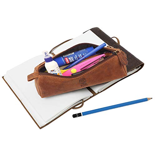 Rustic Town Leather Pencil Case - Zippered Pen Holder Pouch For School, Work & Office (Medium Brown) #TOP4