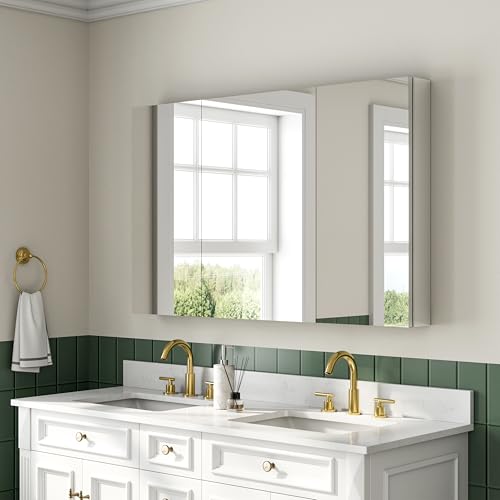 Botiquín de baño con espejo, gabinete de baño con estantes de vidrio ajustables, gabinete con espejo de aluminio anodizado cromado, instalación de puerta reversible, montaje en pared o empotrado, 48" x 30"