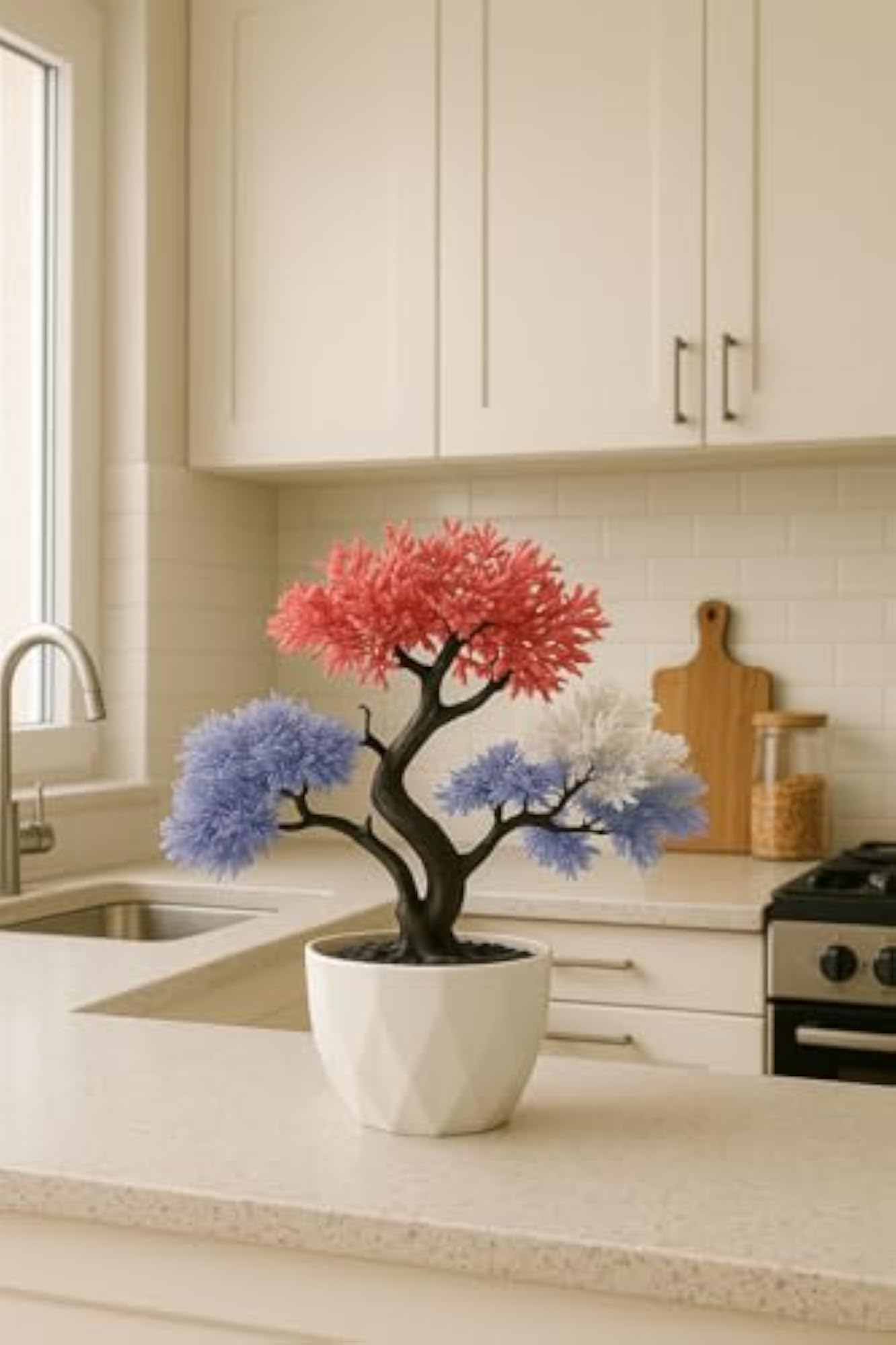 Artificial Bonsai Tree with Flowers in White Plastic Pot
