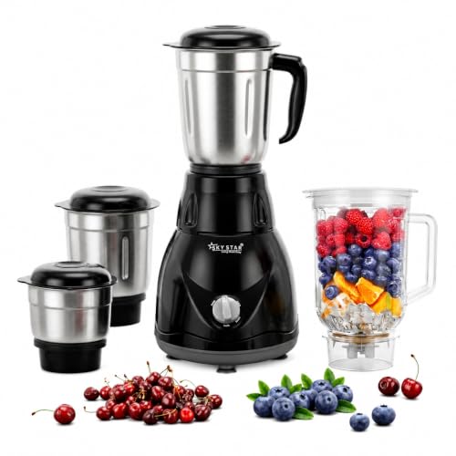 Image of Skystar 750W 4 Jar BIS Approved Juicer Mixer Grinder with Heavy Duty Motor, Premium Black Diamond Cut Body, 3 Speed Modes, Durable ABS Build, 2 Years Warranty