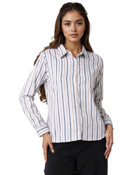 Image of Style Quotient Women Beige White Stripe Printed Formal Shirt