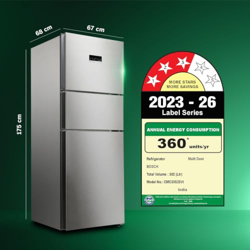 Image of Bosch 302L, 3 Star, MaxFlex Convert Frost Free Triple Door Refrigerator | 8-in-1 Convertible Storage Modes | 57L Extra Convertible Zone | Cool Extend up to 18 hours (CMC33S23VI, 2026 Model,Fine Steel)
