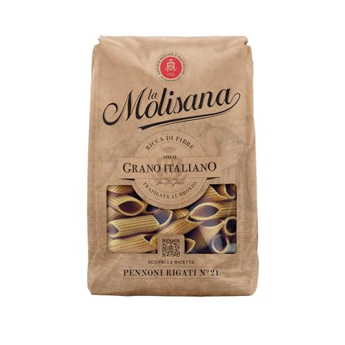La Molisana - Pennoni Rigati Integrali n. 21, Pasta da Grano Italiano, Grandi, Rustici e Ricchi di Fibre, Trafilati al Bronzo, Confezione da 500 g