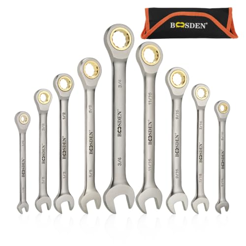 Image of BOOSDEN 9-Piece Ratcheting Wrench Set, High-Carbon Steel Ratcheting Wrenches Set with Roll-Up Pouch, SAE 1 /4-3 /4 inch Combination Ratchet Wrench for Auto Repair, Mechanical, Household, Garage, Boat
