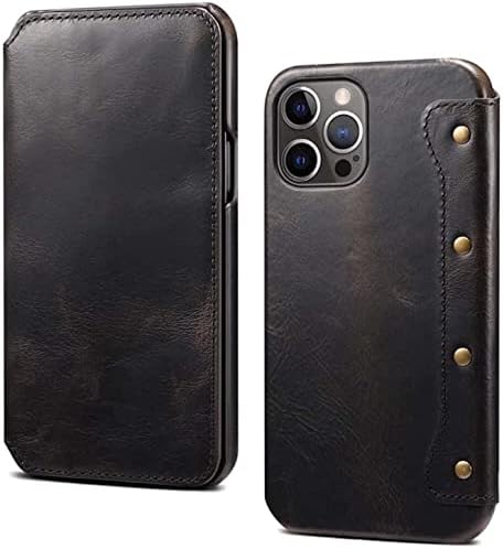 KKFAUS Flip Phone Case Holster, Oil Wax Cowhide Shockproof Folio Cover Wallet [Card Holder] for Apple iPhone 13 Pro (2021) 6.1 Inch (Color : Black)