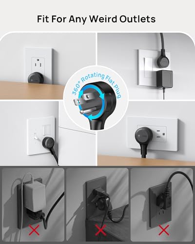 Image of TROND Surge Protector Power Strip with 360 Rotating Flat Plug, Black | Flat Extension Cord 3ft, 6 Widely Spaced Outlets and 2 USB-C PD20W Ports, 1440J Surge Protector for Home Office Dorm