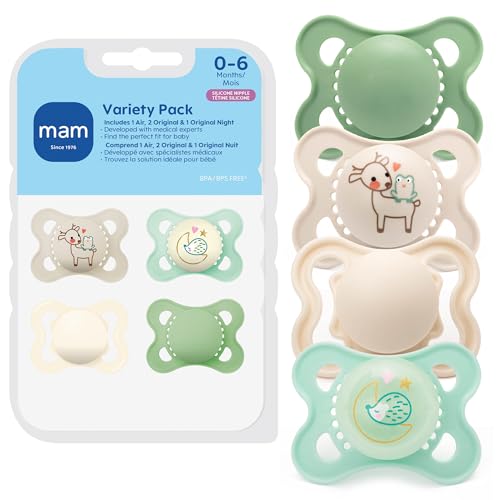 Image of MAM Variety Pack Baby Pacifier, Includes 3 Types of Pacifiers, Nipple Shape is Developed with Dentists, 0-6 Months, Unisex, 4 Count (Pack of 1)