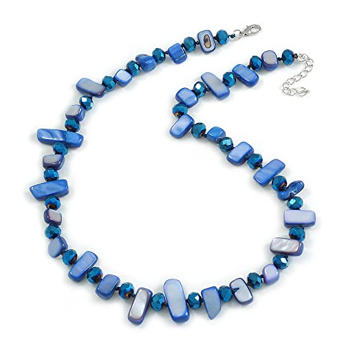Image of Avalaya Sea Shell and Glass Bead Necklace in Blue Shades - 47cm L/ 4cm Ext