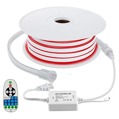 BRILLIHOOD LED Red Neon Strip Lights, 50ft Flexible Rope Light, 120V, IP67 Waterproof, Connectable Neon Lighting with Dimmer for Indoor Outdoor Commercial Building Decoration Cover