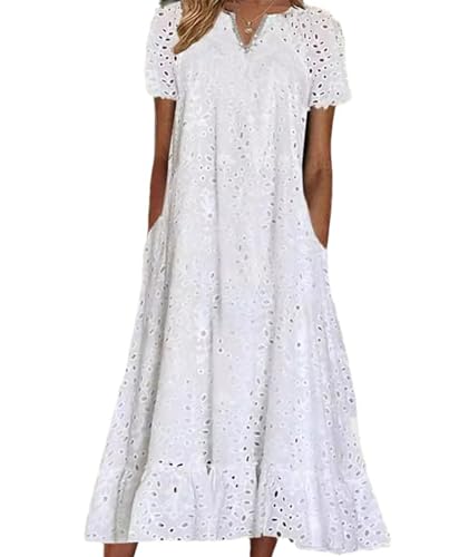 Robe blanche ajourée manches courtes pour femme vêtement ample plissé avec poches