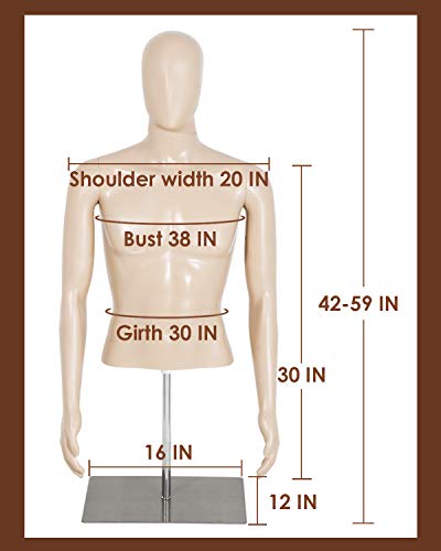 Fdw MQ Male Mannequin Torso Dress Form Sewing Manikin 42-59 Inch Height Adjustable Dress Model Mannequin Display Head Dress Mannequin Clothing Form Metal Base Stand thumb #6