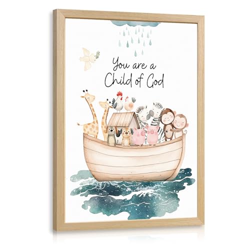 Image of Clicyre Noah Ark Christian Wall Art, You Are a Child of God Scripture Canvas Print, Guardian Animal Wall Decor, Biblical Bible Verse Artwork for Baby Nursery Kids Room Wood Framed 12x16 Inch