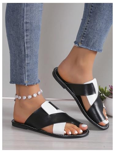GORGLITTER Women's Color Block Toe Ring Flats Criss Cross Two Tone Open Toe Slide Sandals4