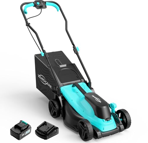 YARDCARE Cortacesped eléctrico, Pantalla LED, Motor Brushless, 3200 RPM, 18V, 34 cm Ancho de Corte, Ajuste de Altura 5 Niveles (25-65 mm), Recogedor 30L, Batería 4.0Ah y Cargador Incluidos