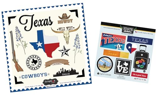 Autocollant de scrapbooking Texas à motif voyage d'État - Lot de 2 planches haute définition