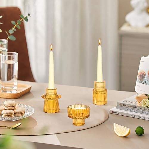 Taper Votive Candle Holder for Pillar Candles Tealight, Candlestick Holder for Wedding Christmas Tea Party, Boho Ribbed Vintage Crystal Glass Table Centerpiece Decor, Bulk Set of 6 (Amber) - Image 4