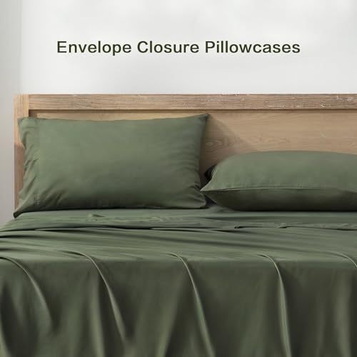 Image of Andency King Sheets Set 100% Viscose Derived from Bamboo, Olive Green | Cooling Summer Sheets, Deep Pocket Up to 16 inch, Silky Soft Hotel Luxury Breathable Bedding Sheets & Pillowcases
