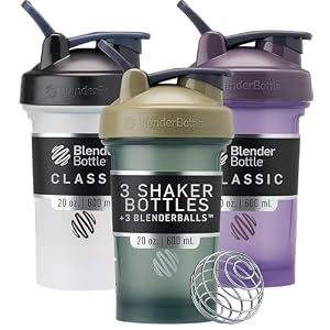 BlenderBottle Classic V2 Shaker Bottle Perfect for Protein Shakes and Pre Workout, 20-Ounce (3 Pack), Black, Tan/Blue, Purple