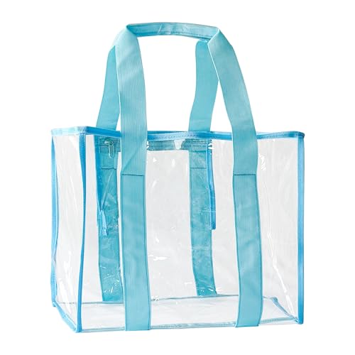 TotePrint Clear PVC Tote Bag, Waterproof Beach Bag, 13.78x11.8x6.89 inches, Blue Trim, Transparent Stadium Pool Bag (Blue)