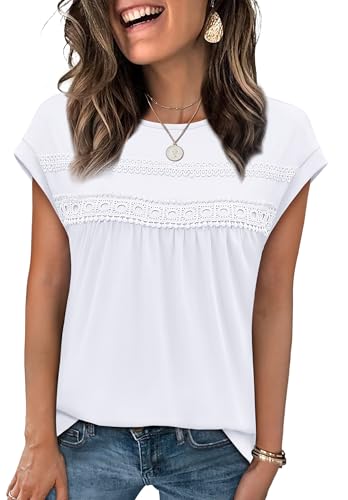 WIHOLL Womens Summer Tops Trendy 2026 Lace Crochet Cap Short Sleeve Shirts Crew Neck T Shirts Casual Loose Blouses - Image 2