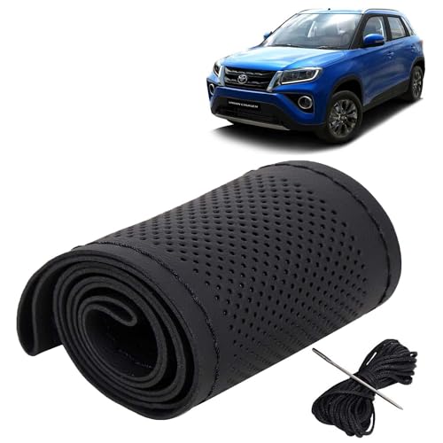 Image of KINGSWAY PU Leatherite Car Steering Cover Sewable Compatible with Toyota Urban Cruiser (Year 2020 Onwards), Black Color with Black Thread, Pack of 1 with Sewing Needle and Thread