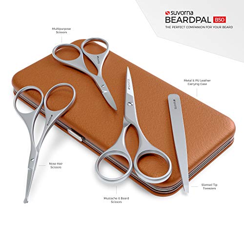 Kit Suvorna para Bigote y Barba con Tijeras para Barba, Bigote, Nariz, Cejas y Pinzas para el vello facial | Tijeras de Peluquería y Corte de Cabello. (Marrón)