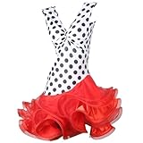 [LNIGHT]ラテンダンスドレス ラテンドレス ストレッチ 水玉柄 Vネック フリル裾 チャチャ シワ効果 レースアップバック サルサ サンバ ルンバ タンゴ パソドプレ衣装 舞台 レディース ワルツ 演出用 イベント 練習着 競技着(水玉,S)