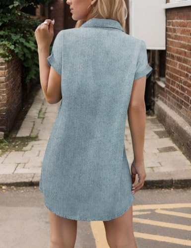 Image of Zilcremo Women Summer Short Sleeve Button Down Denim Shirt Dress