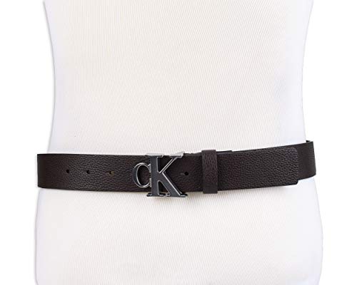 Calvin Klein Cinto masculino casual CK monograma com fivela recortada, Marrom escuro