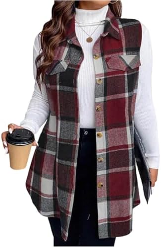 Long Vest for Women Sleeveless Fall Button Down Plaid Vest Lapel Checkered Flannel Shacket Comfy Oversized Cardigans