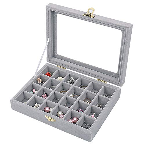 Image of BucketList Women's Velvet Glass Ring Earrings Jewelry Box - Display Storage Showcase Holder Organizer (24 Grid Jewellery Box Grey)
