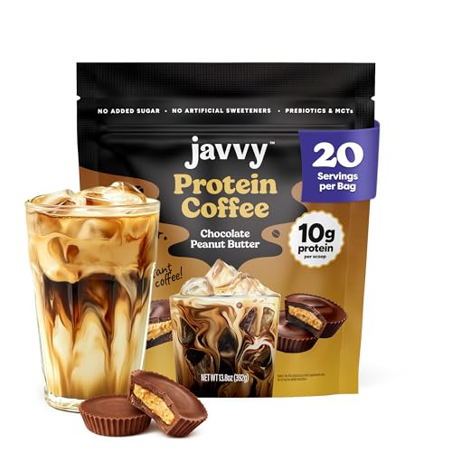 Image of Javvy Protein Iced Coffee - Premium Whey Protein & Iced Coffees, 100% Natural Cold Brew, Zero Artificial Flavors & Sweeteners, 80mg Caffeine, No Added Sugar, 20 Servings, Choc Peanut Butter, 1 Pack