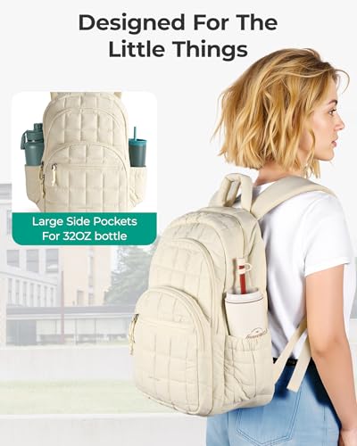 Image of BAGSMART College Laptop Backpack, Travel Backpack for Women, Quilted Casual Daypack, Water-Resistant Bookbag for 15.6 Inch Laptop, Beige