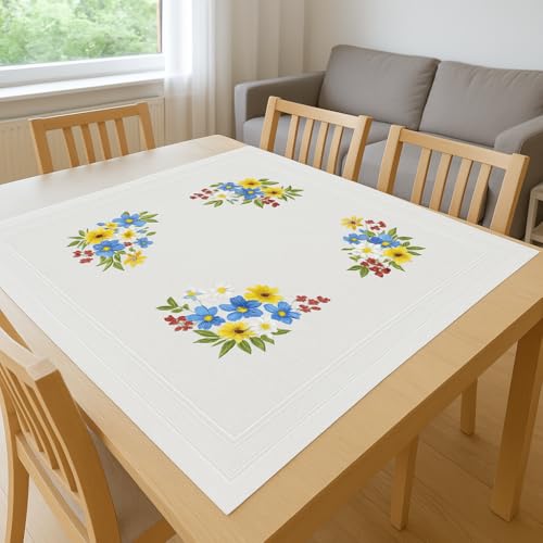 Kit broderie nappe pré-imprimée fleurs avec fil à broder et instructions